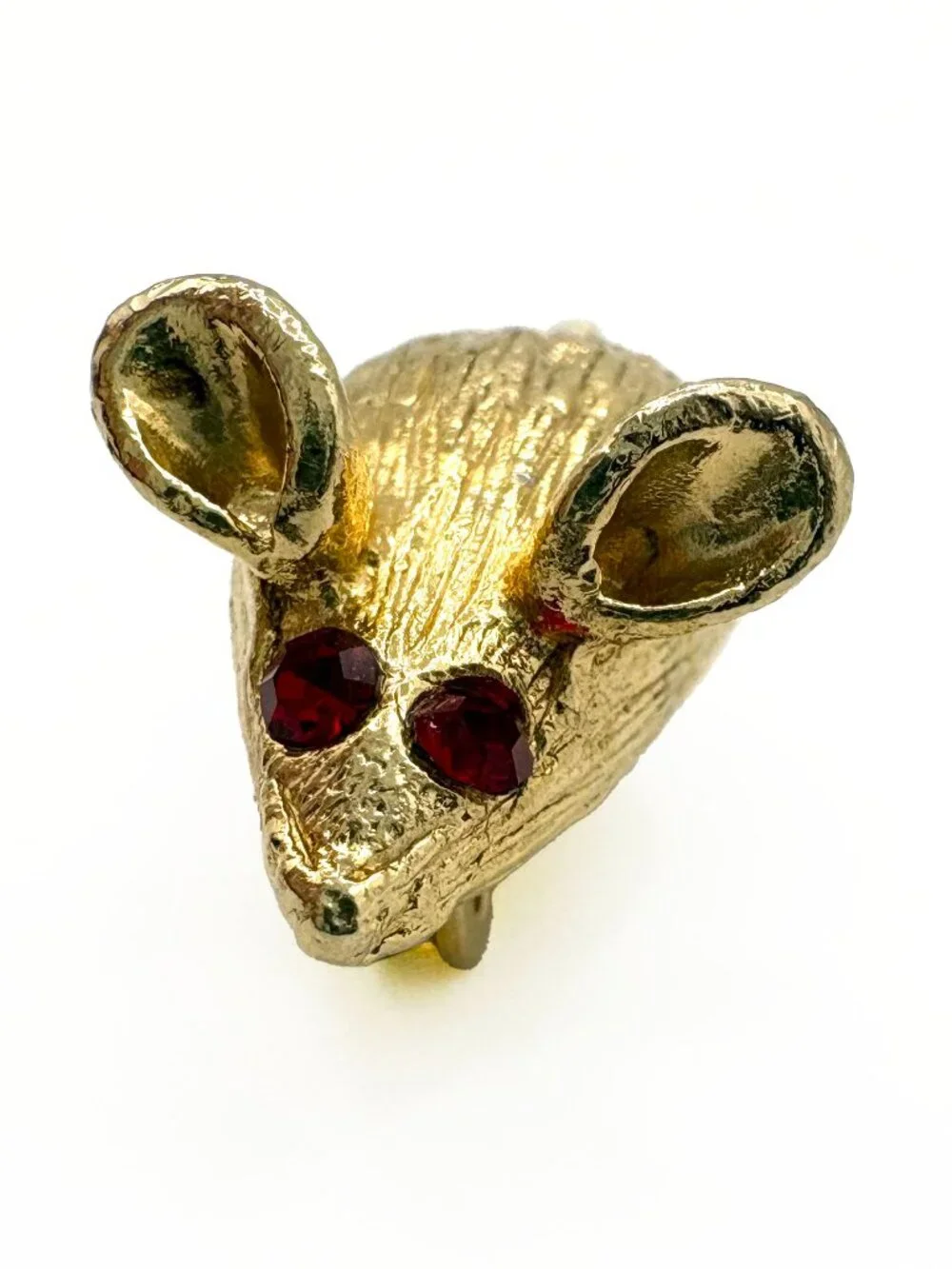 Vintage Mouse Brooch with Red Rhinestone Eyes and Articulated Tail